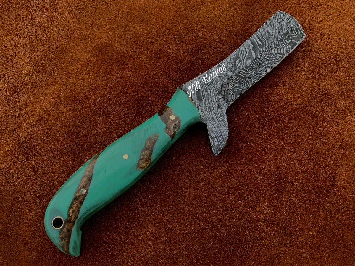 Turquoise Resin Handle Damascus Bull Cutter Knife with Cross-Draw Sheath