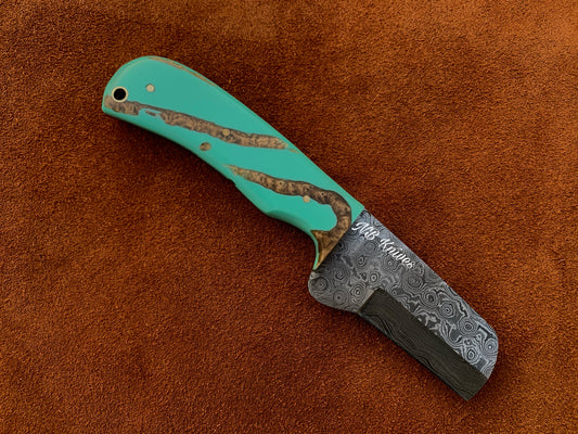 Damascus Cowboy Bull Cutter Knife with Resin Handle & Leather Sheath