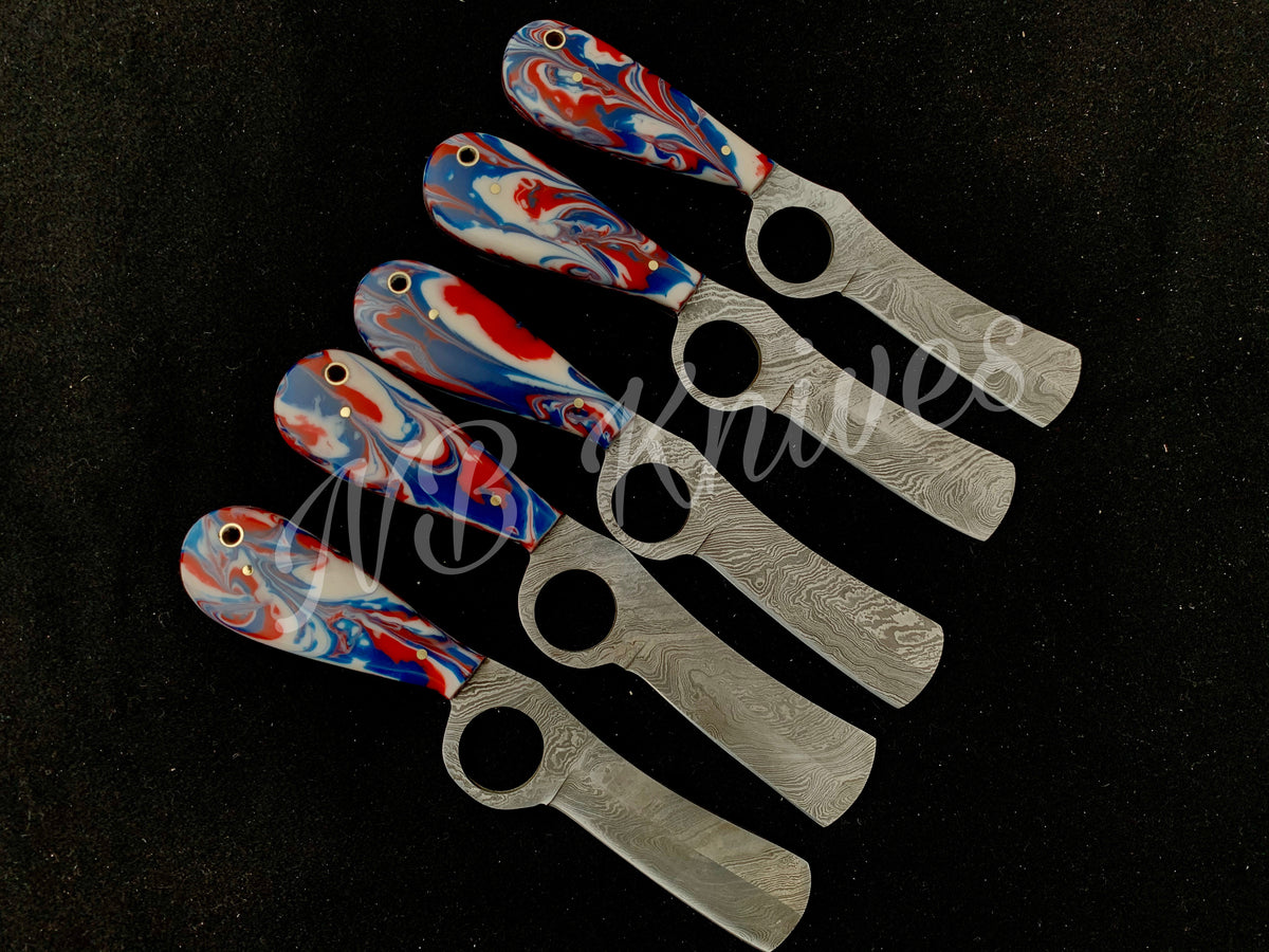Set of 5 Damascus Cowboy Bull Cutter Knives with Resin Handles & Leather Sheaths