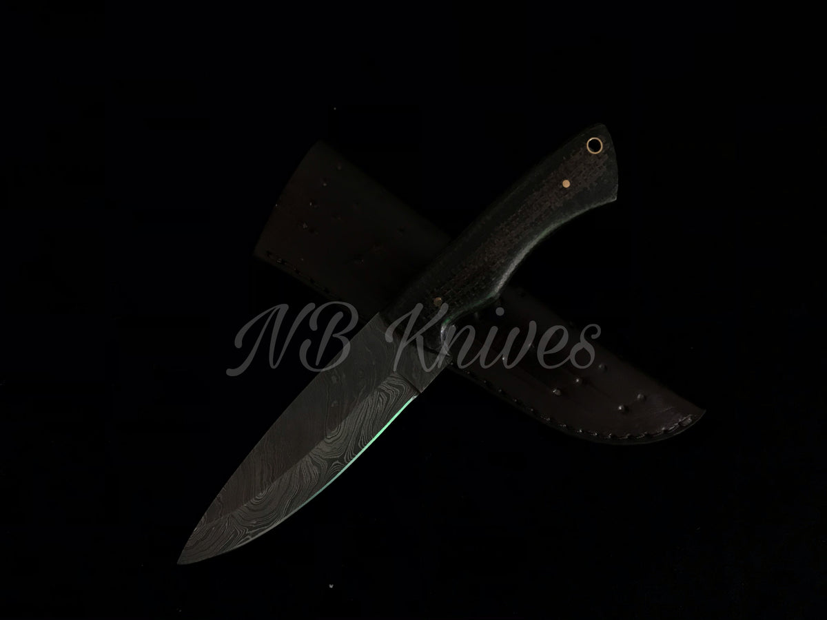 Damascus Skinner Knife with Micarta Handle & Leather Sheath