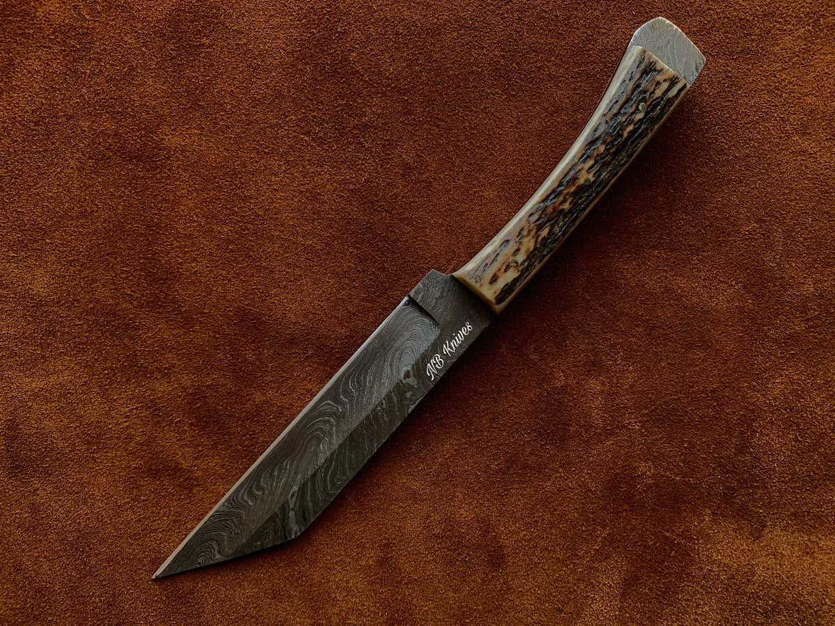 Handcrafted Damascus Seax Knife with Stag Horn Handle & Leather Sheath
