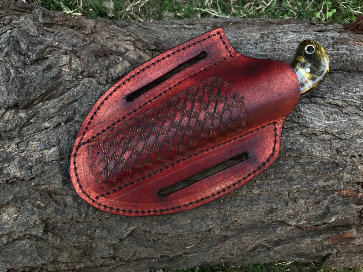 1095 Steel Cowboy Bull Cutter Knife with Resin Handle & Leather Sheath
