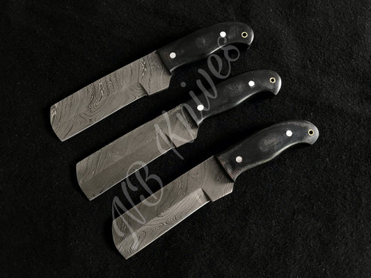 3-Piece Damascus Cowboy Bull Cutter Knife Set with Micarta Handles & Leather Sheaths
