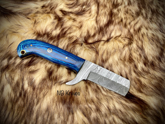 Custom Handmade Damascus Cowboy Knife – Hardwood Handle with Brass Pins & Leather Sheath