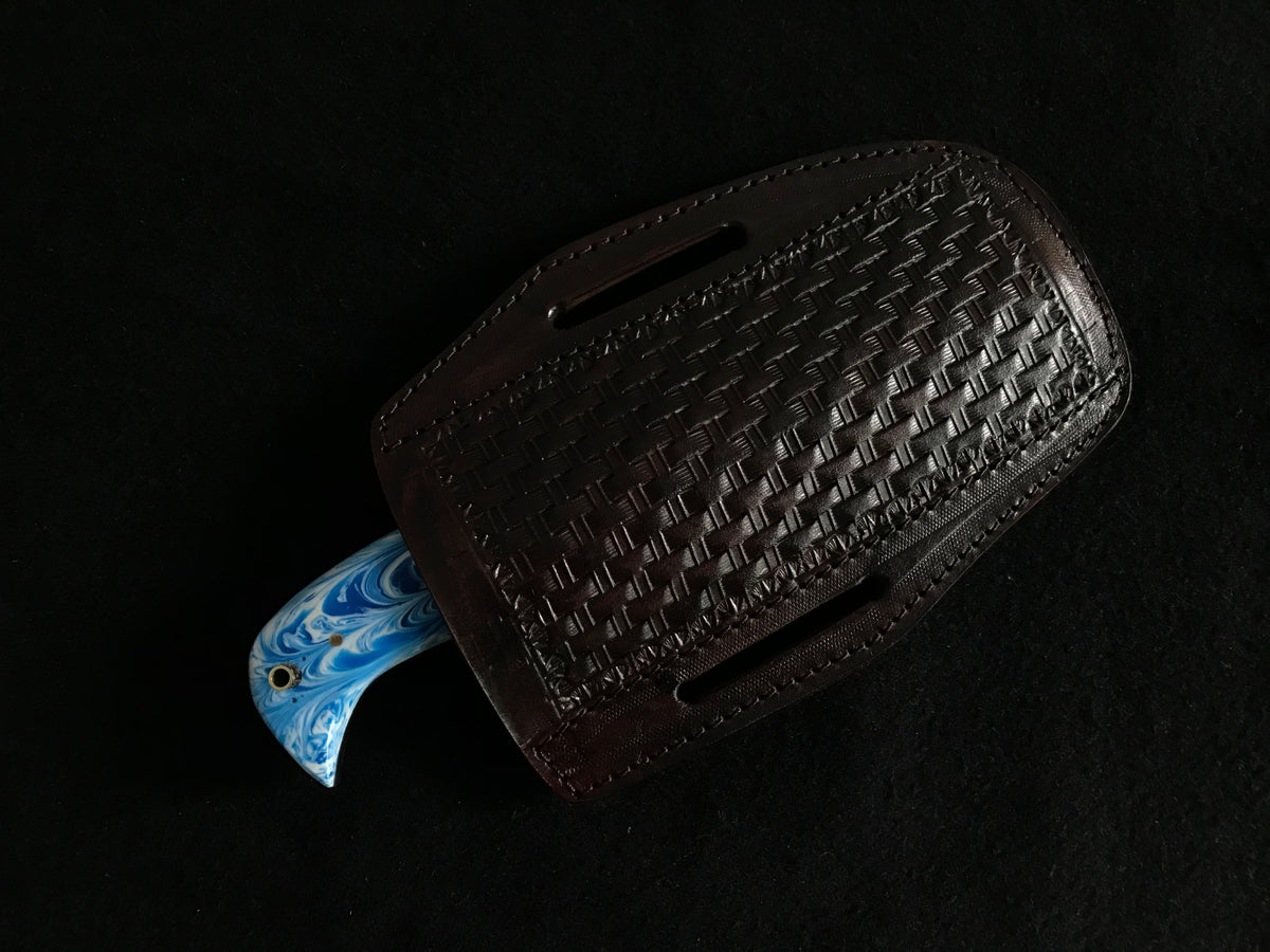 Resin Handle Damascus Cowboy Bull Cutter Knife with Leather Sheath