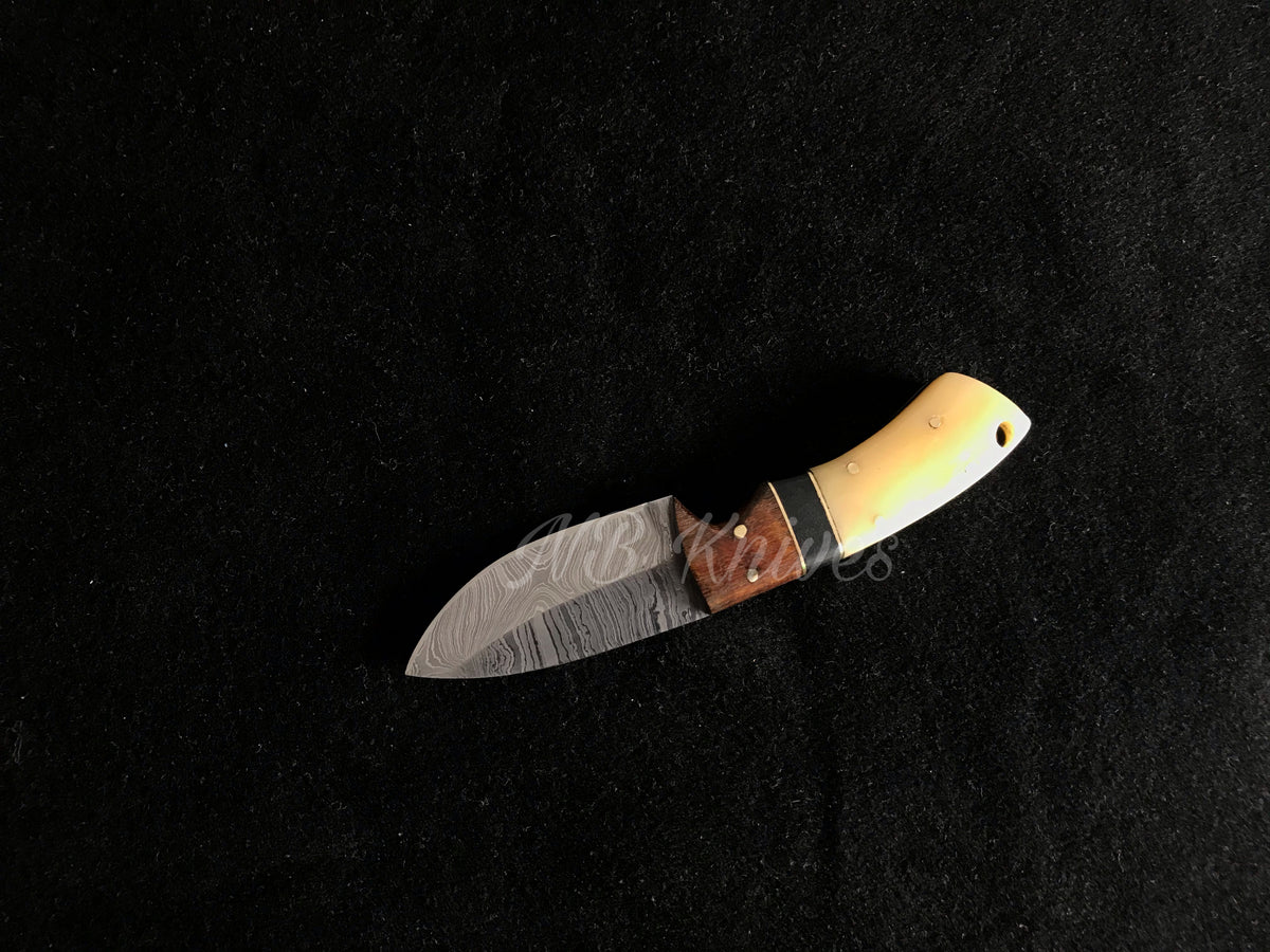 Handcrafted Damascus Skinner Knife with Camel Bone & Rosewood Handle