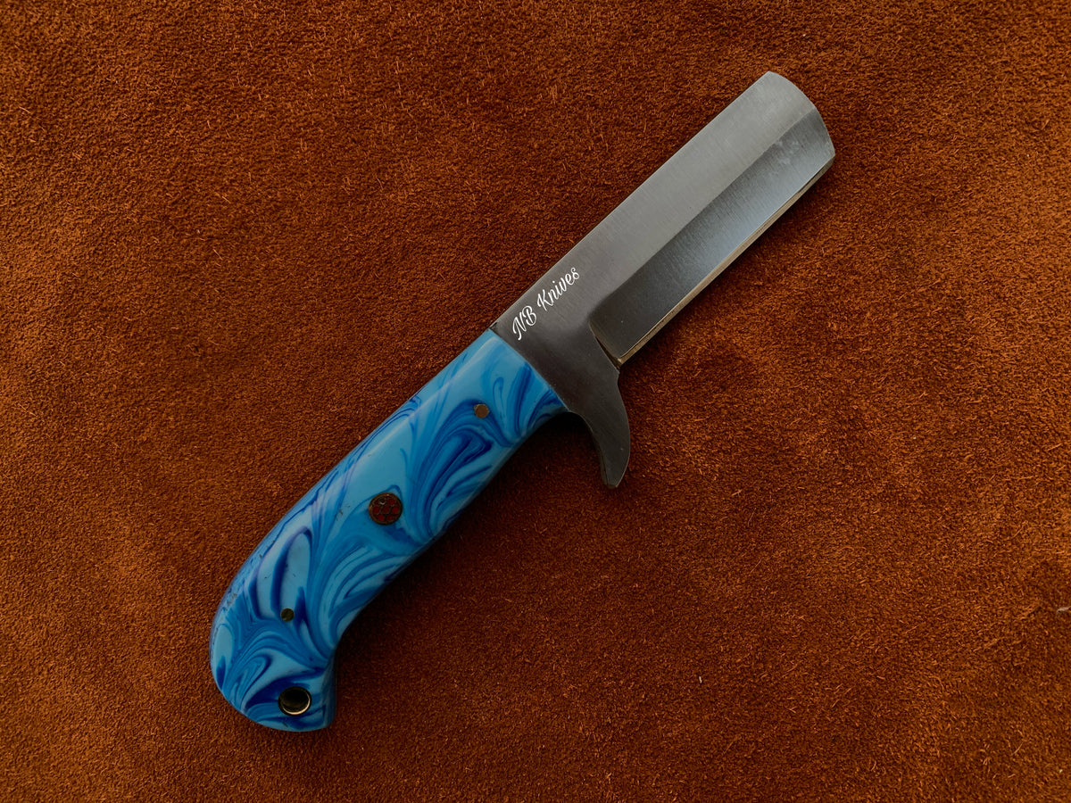 D2 Steel Cowboy Bull Cutter Knife with Resin Handle & Leather Sheath