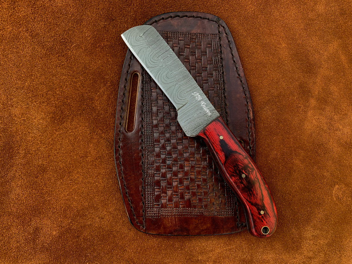 Hand-Forged Damascus Bull Cutter with Pakka Wood Handle & Cross-Draw Sheath
