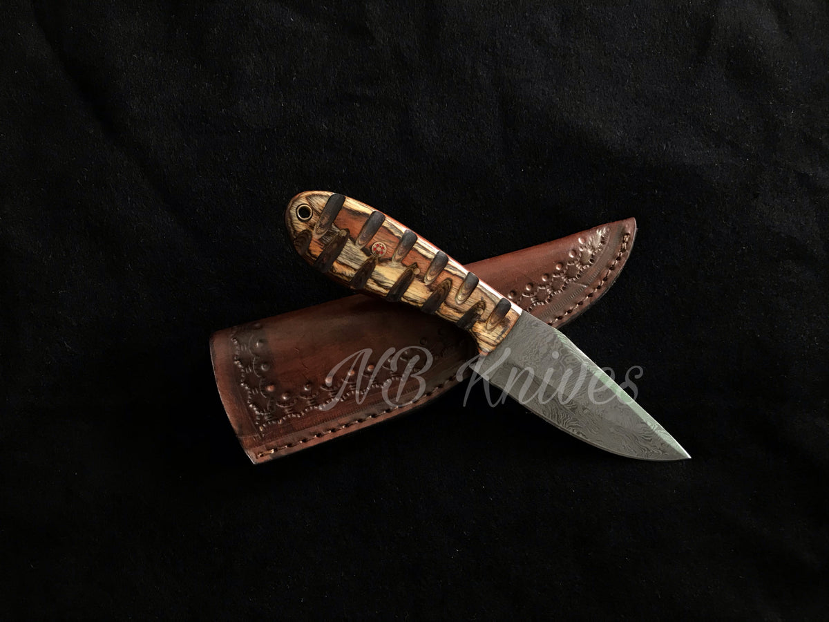 Handcrafted Damascus Skinning Knife with Hardwood Handle & Leather Sheath