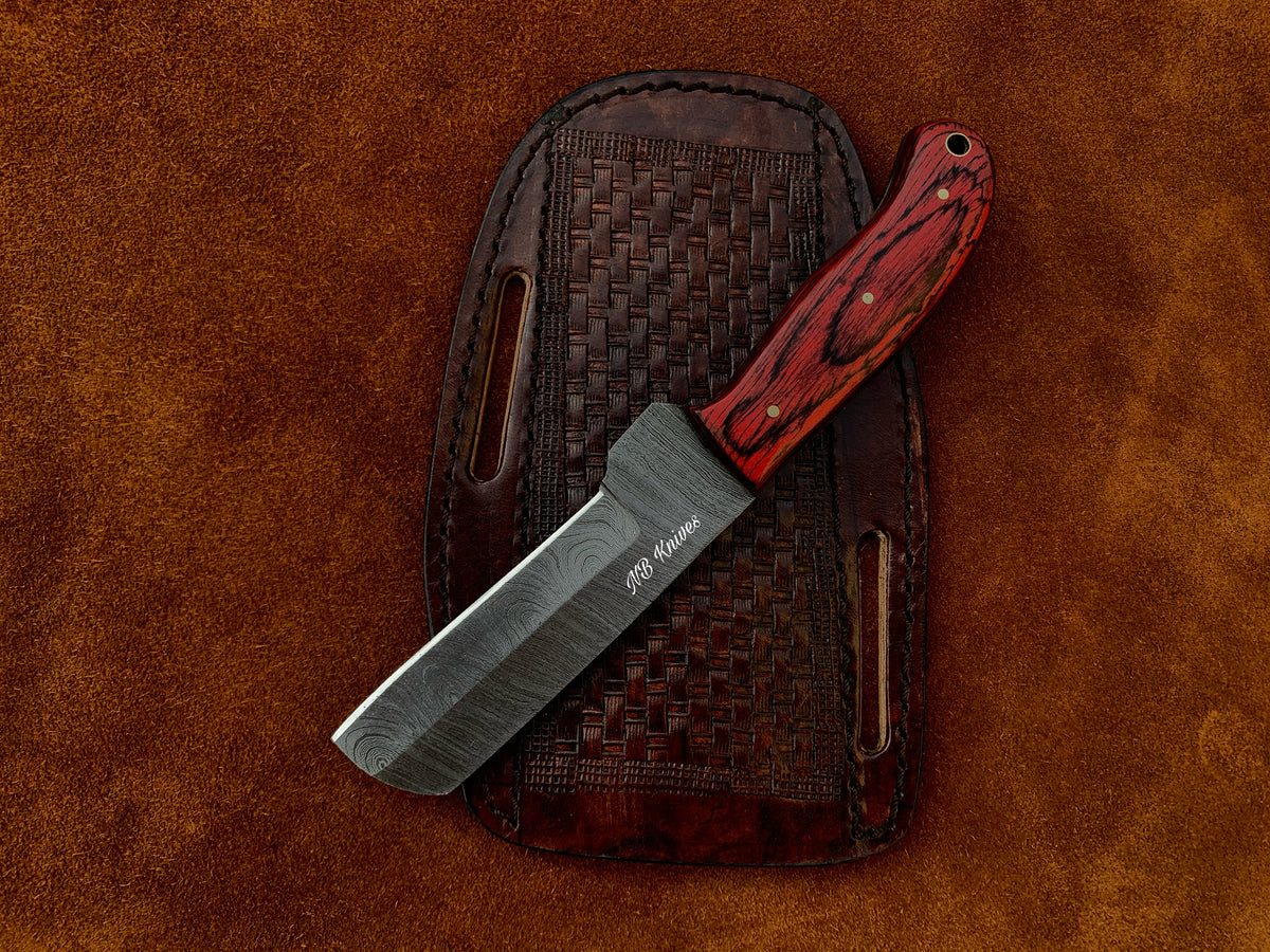 Hand-Forged Damascus Bull Cutter with Pakka Wood Handle & Cross-Draw Sheath