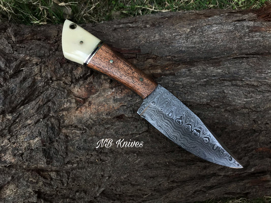 Skinner Knife Forged in Damascus, Finished in Camel Bone & Walnut Wood