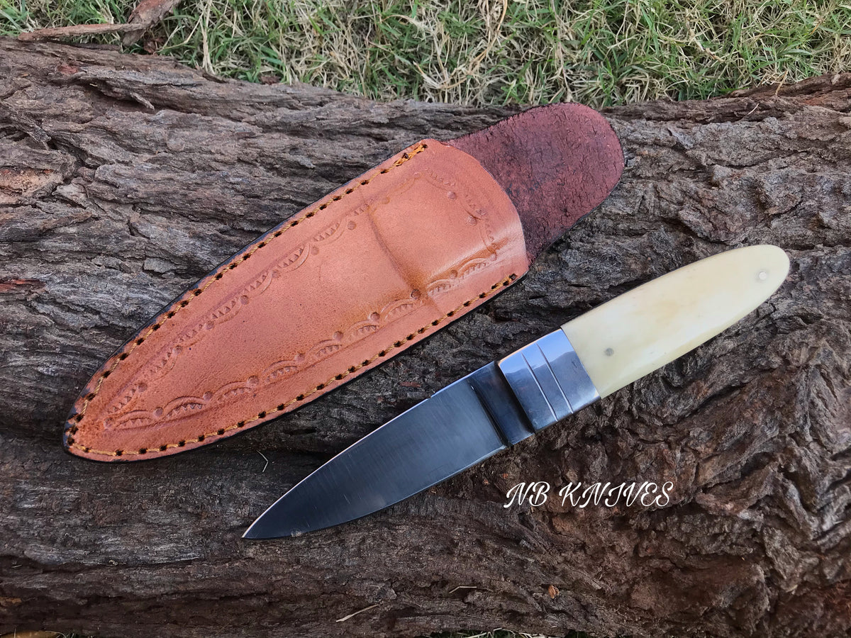 Custom Handmade D2 Steel Hunting Knife with Camel Bone Handle & Leather Sheath