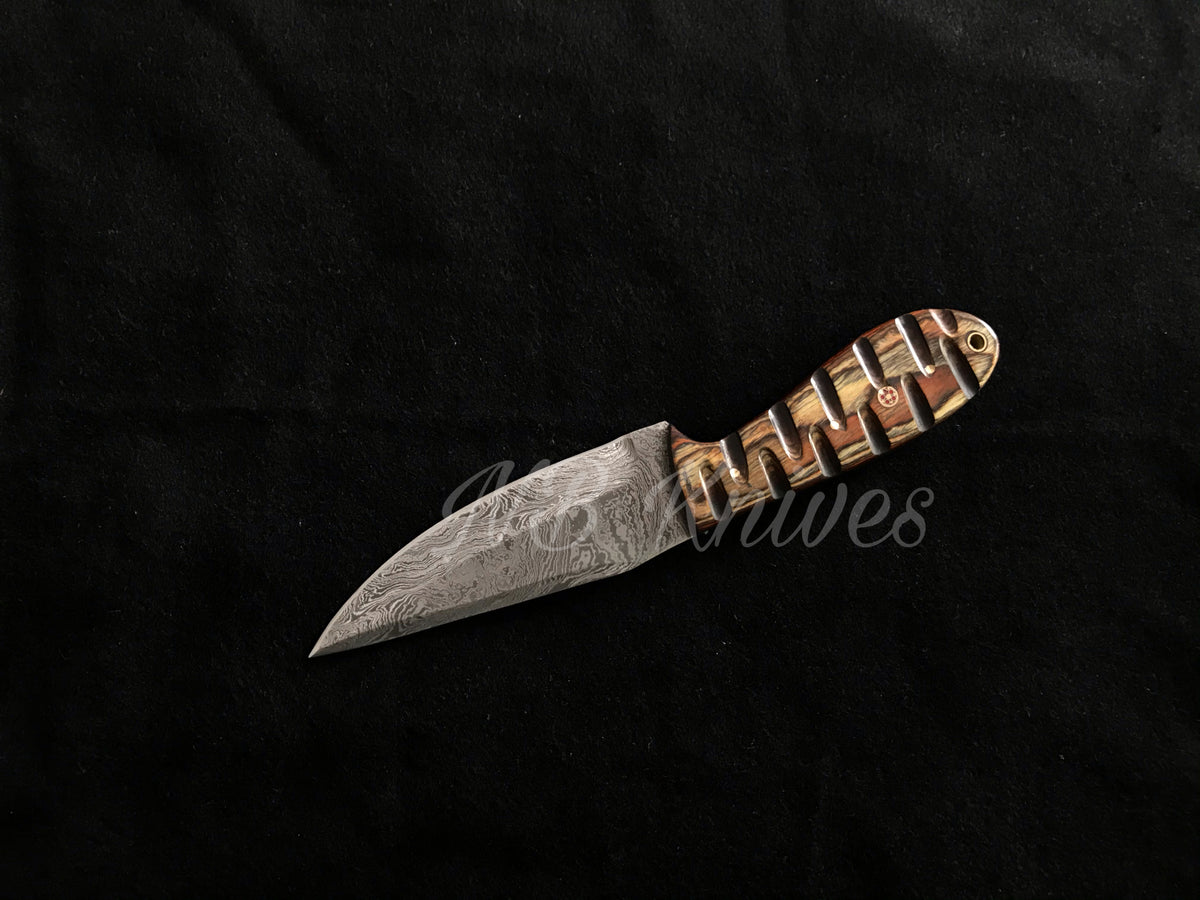 Handcrafted Damascus Skinning Knife with Hardwood Handle & Leather Sheath