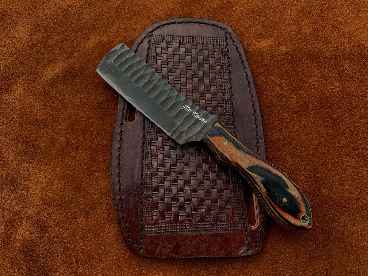 Pakka Wood Handle 1095 Steel Sculpted Blade Bull Cutter with Sheath