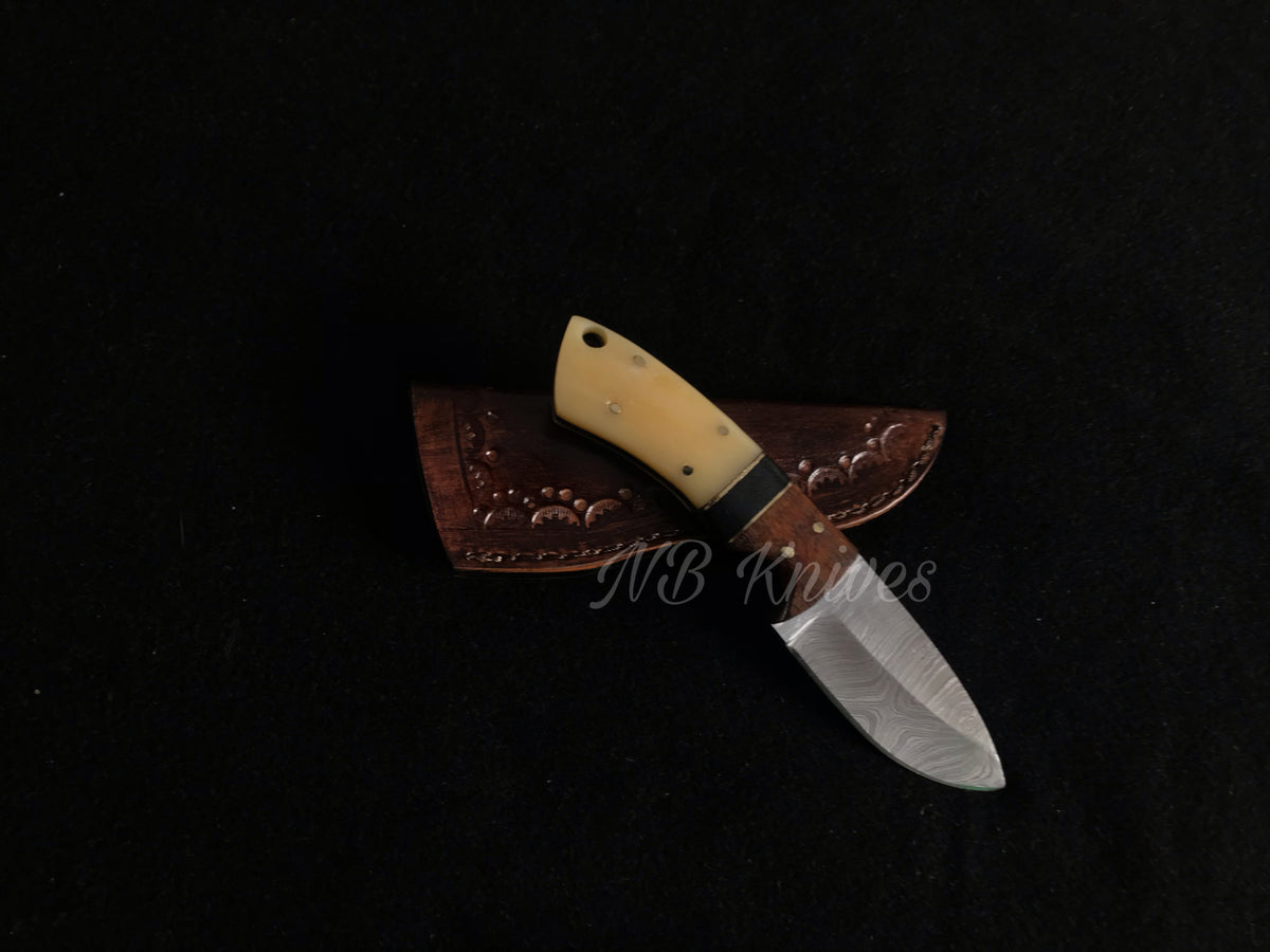 Handcrafted Damascus Skinner Knife with Camel Bone & Rosewood Handle