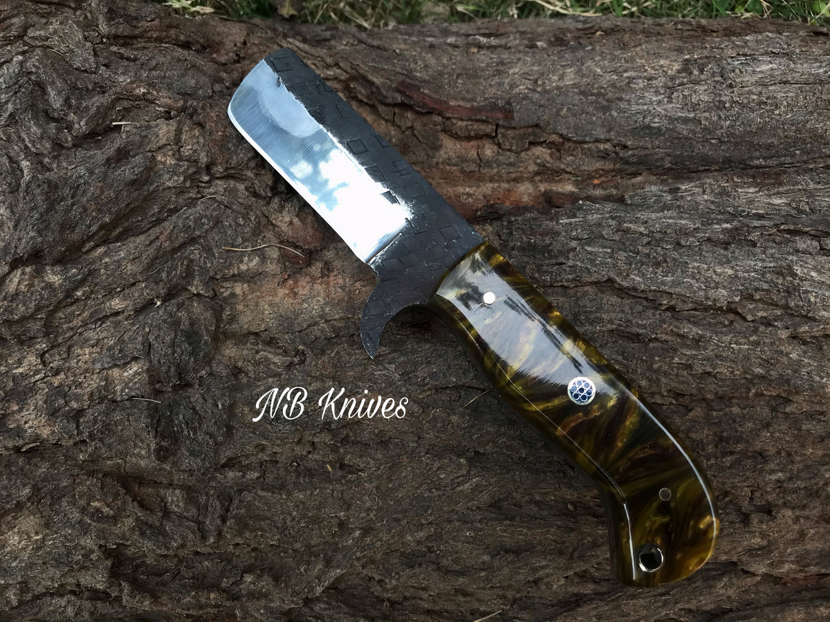 1095 Steel Cowboy Bull Cutter Knife with Resin Handle & Leather Sheath