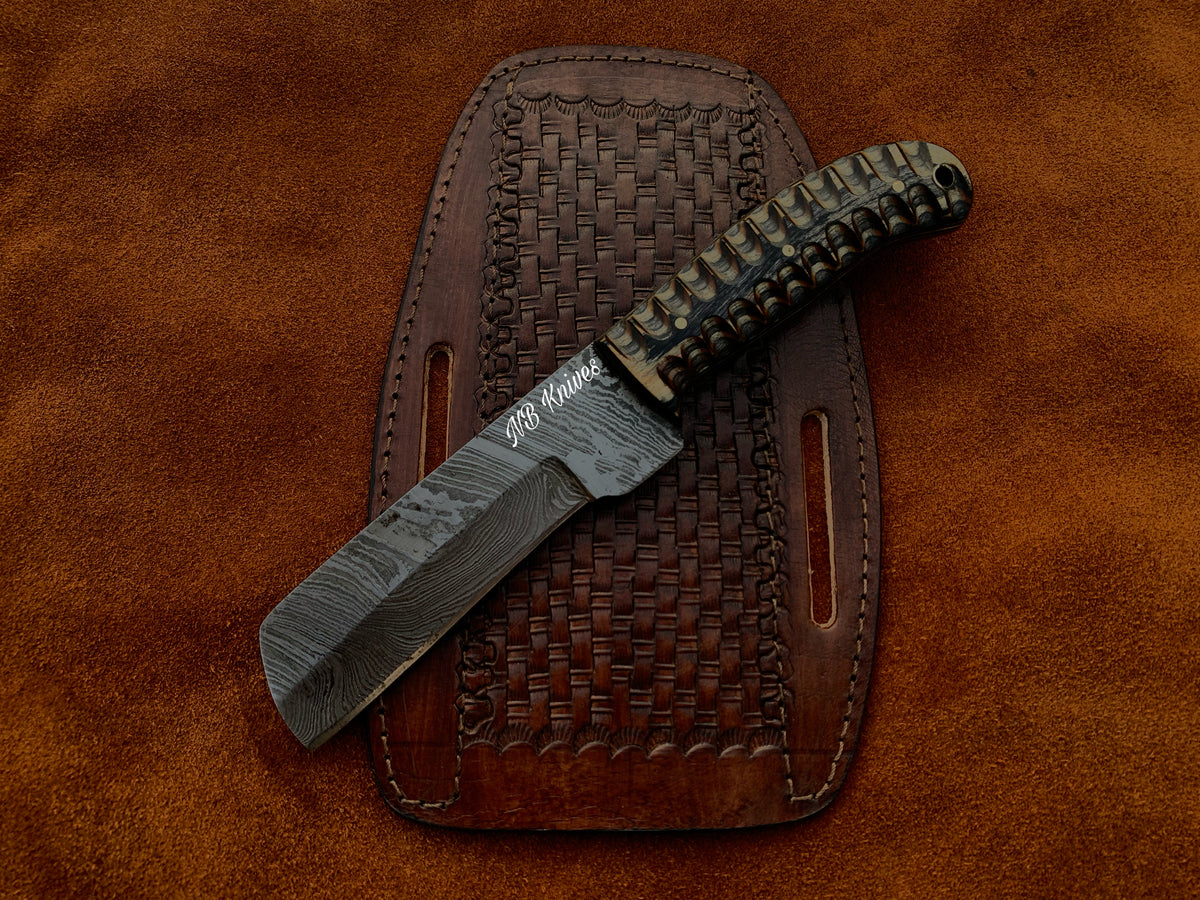 Sculpted Pakka Wood Handle Damascus Cowboy Bull Cutter Knife