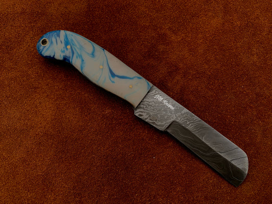 Handmade Damascus Cowboy Bull Cutter with Resin Handle & Leather Sheath