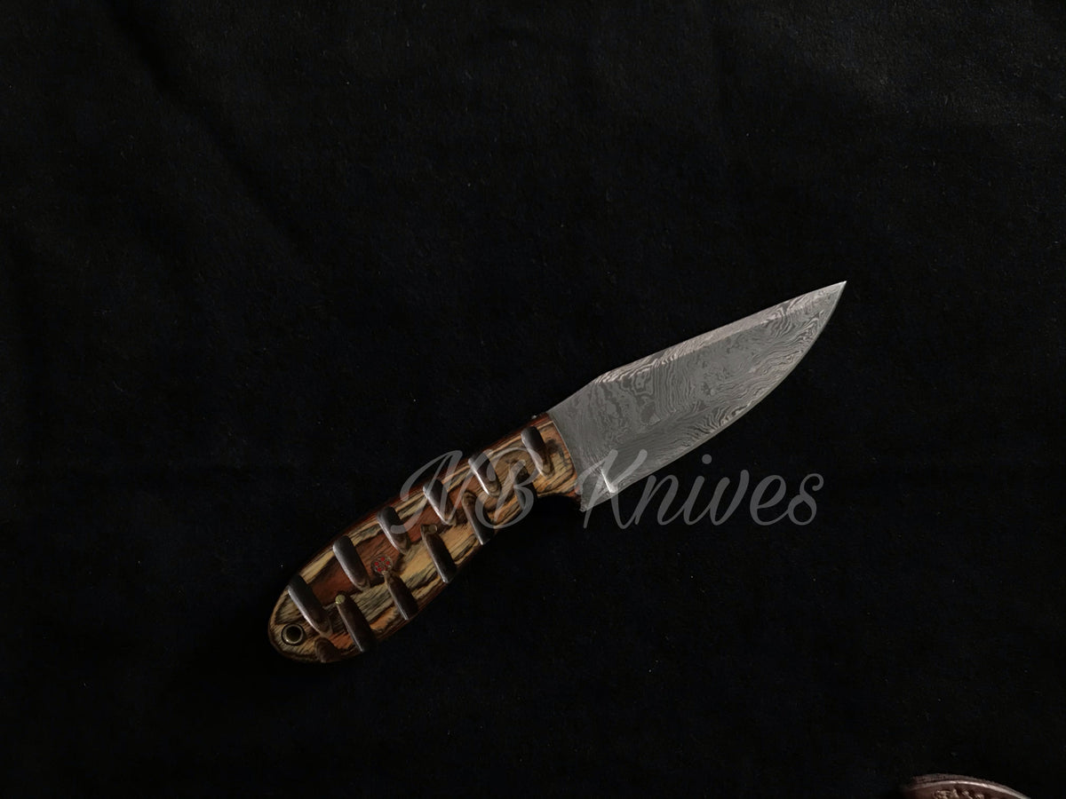 Handcrafted Damascus Skinning Knife with Hardwood Handle & Leather Sheath