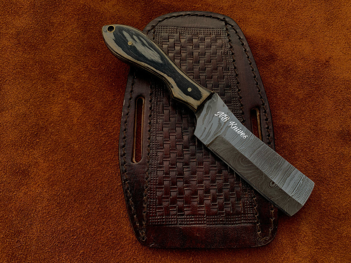 Pakka Wood Handle Damascus Cowboy Bull Cutter Knife with Cross-Draw Sheath