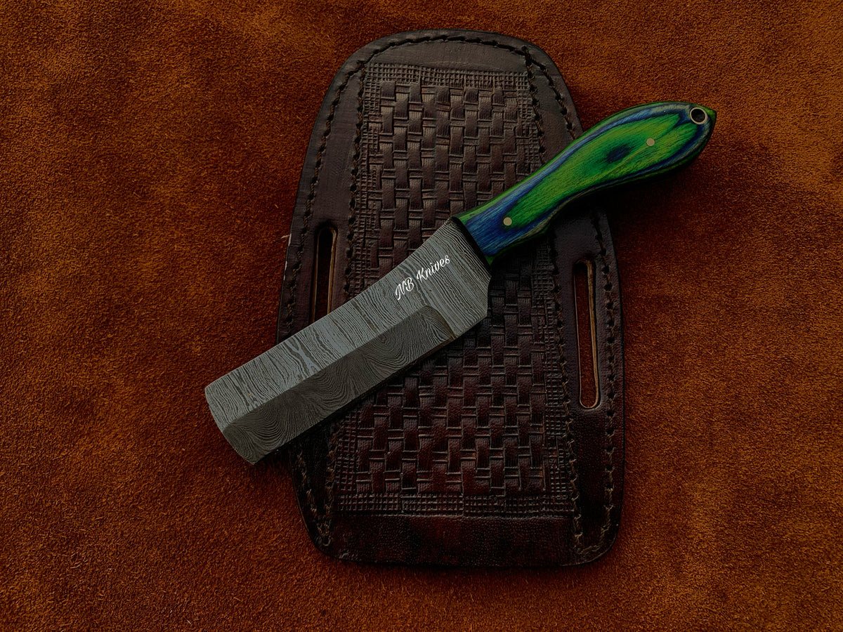 Handmade Damascus Cowboy Bull Cutter Knife with Pakka Wood Handle
