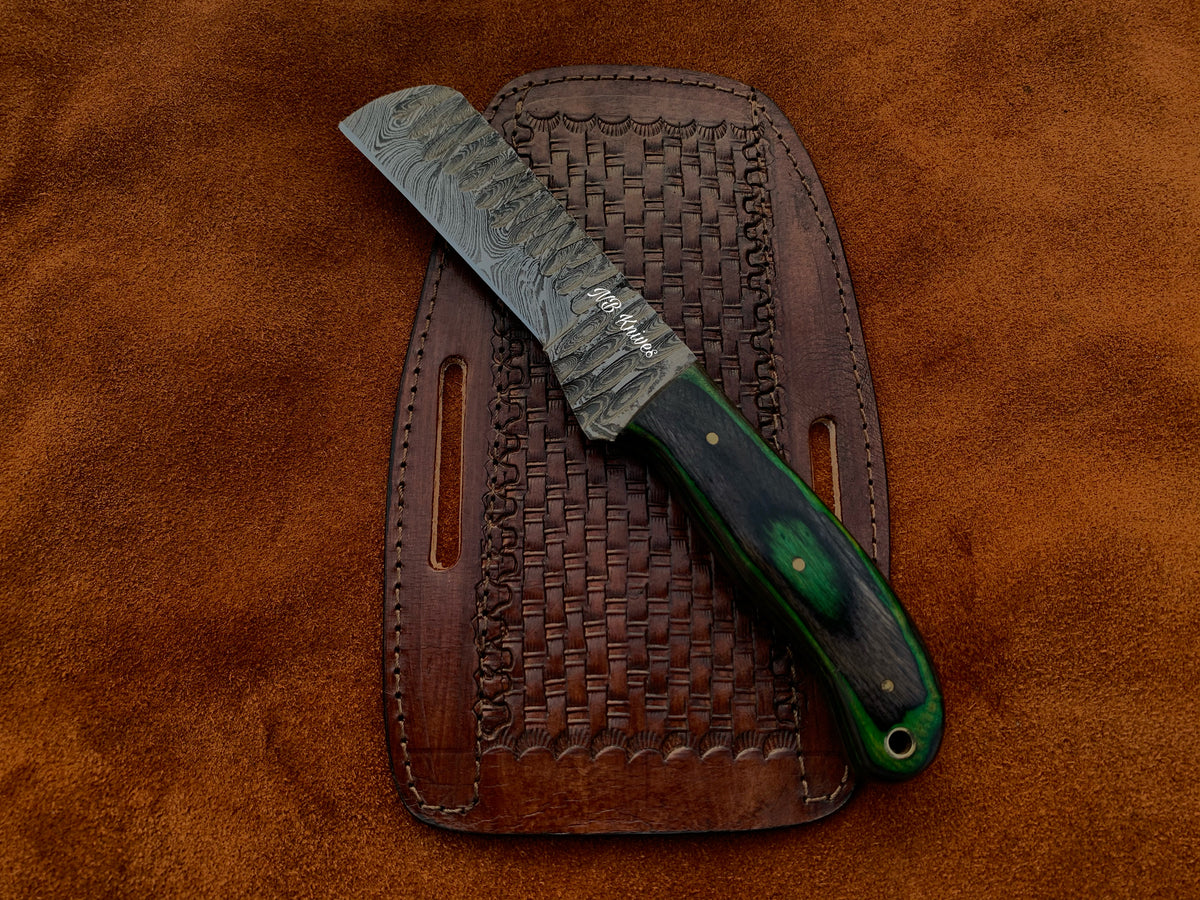 Sculpted Blade Damascus Cowboy Bull Cutter Knife with Pakka Wood Handle