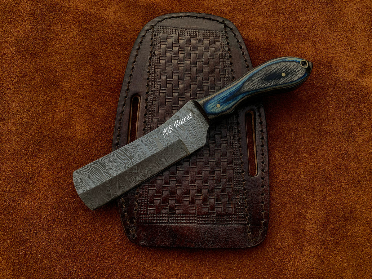 Blue & Grey Pakka Wood Damascus Cowboy Bull Cutter Knife with Sheath