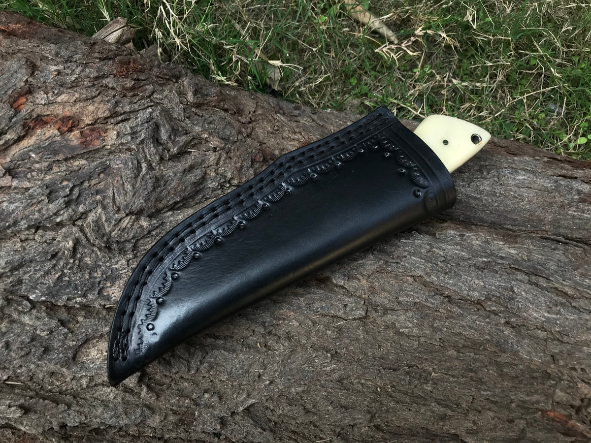 Skinner Knife Forged in Damascus, Finished in Camel Bone & Walnut Wood