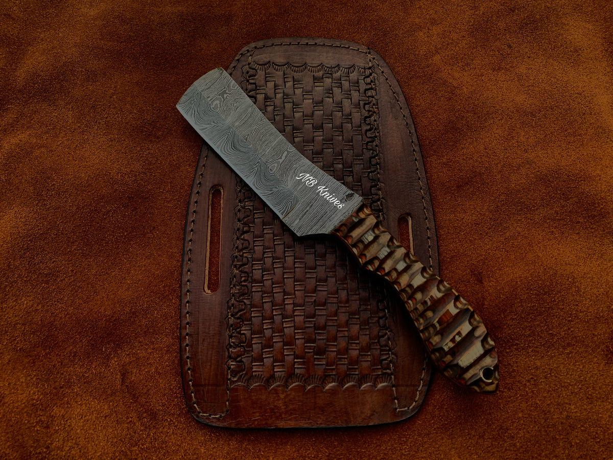 Sculpted Handle Damascus Cowboy Bull Cutter Knife with Pakka Wood