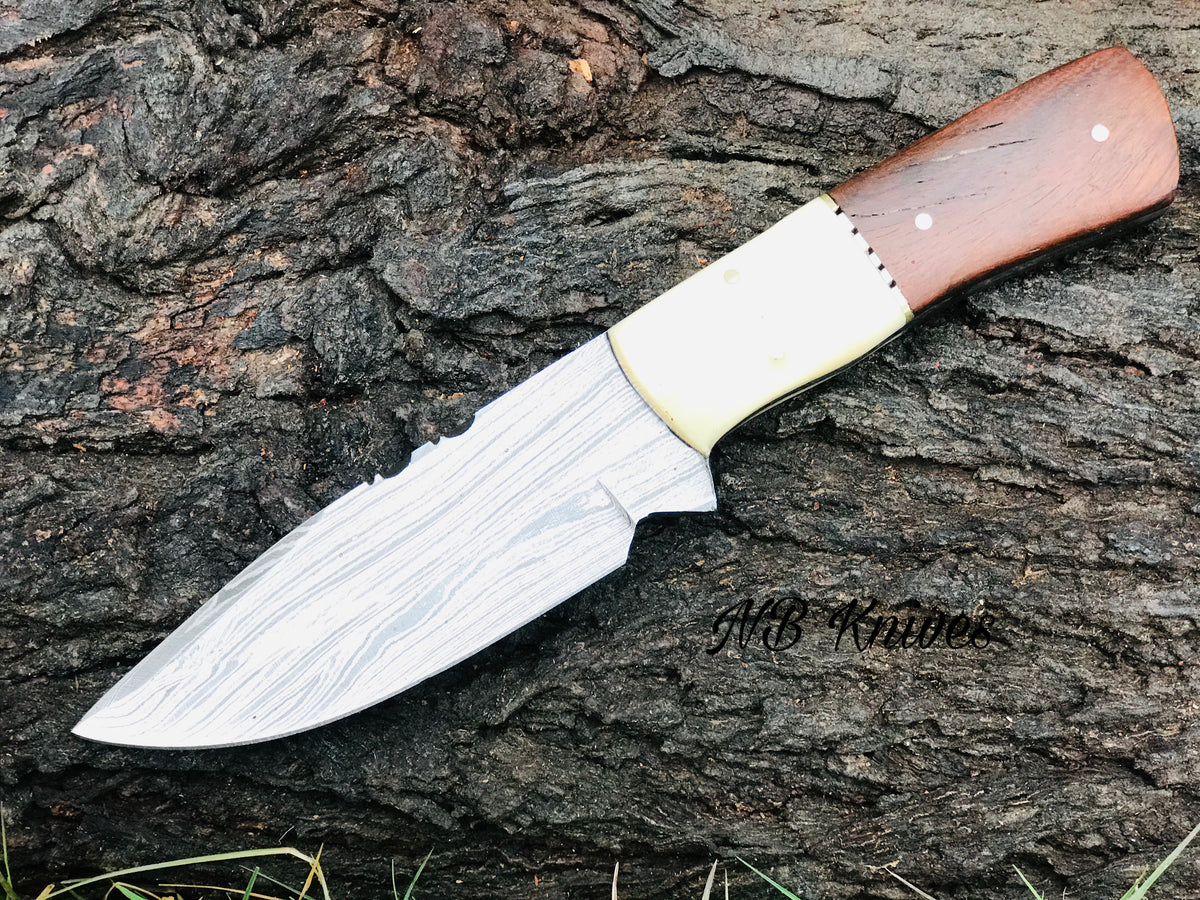 Camel Bone and Rosewood Handle Damascus Skinner Knife