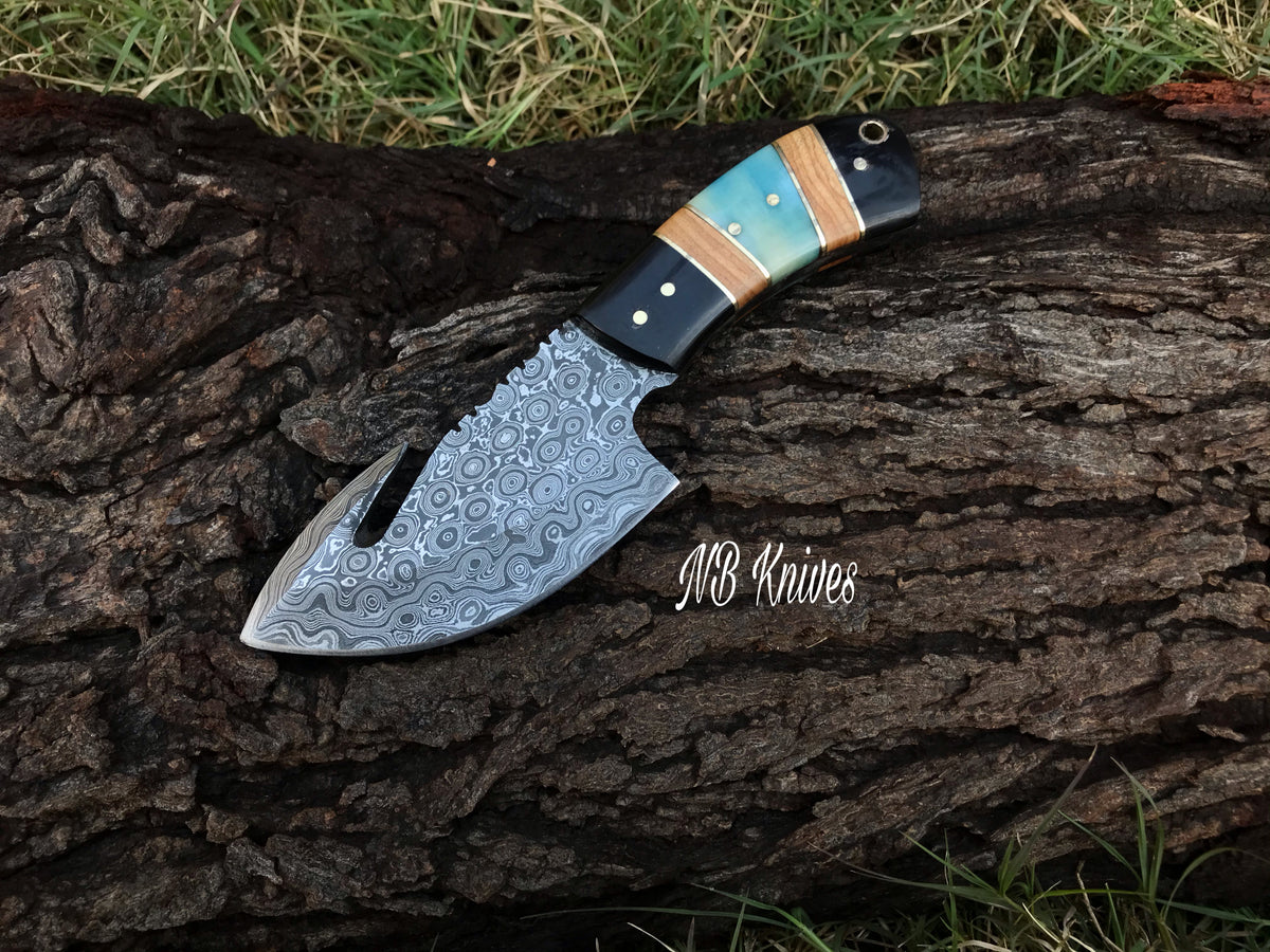 Handcrafted Damascus Guthook Knife Featuring Dyed Bone, Black Horn & Olivewood Handle