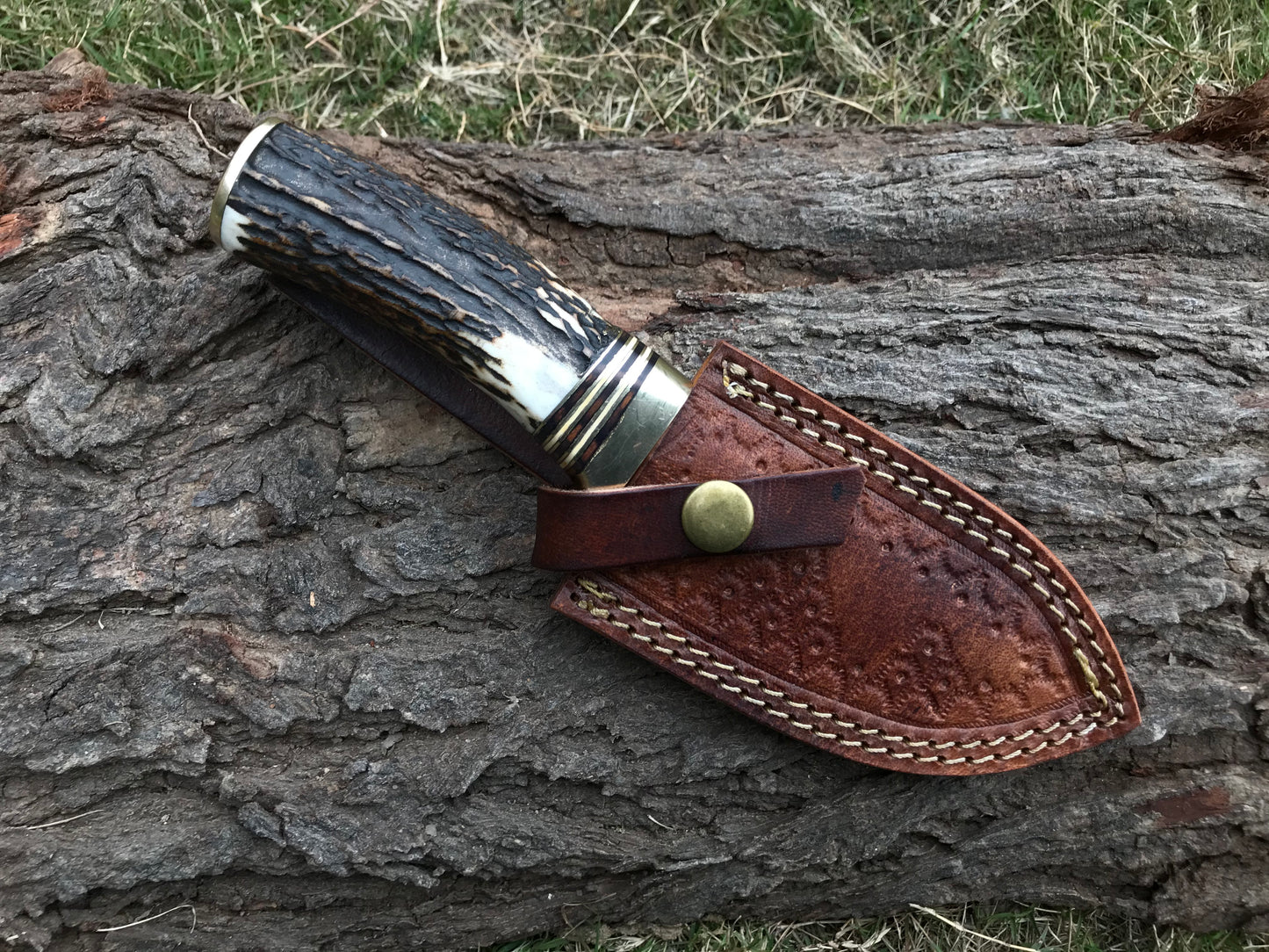 |NB KNIVES| CUSTOM HANDMADE DAMASCUS STAG HORN GUTHOOK KNIFE WITH LEATHER SHEATH