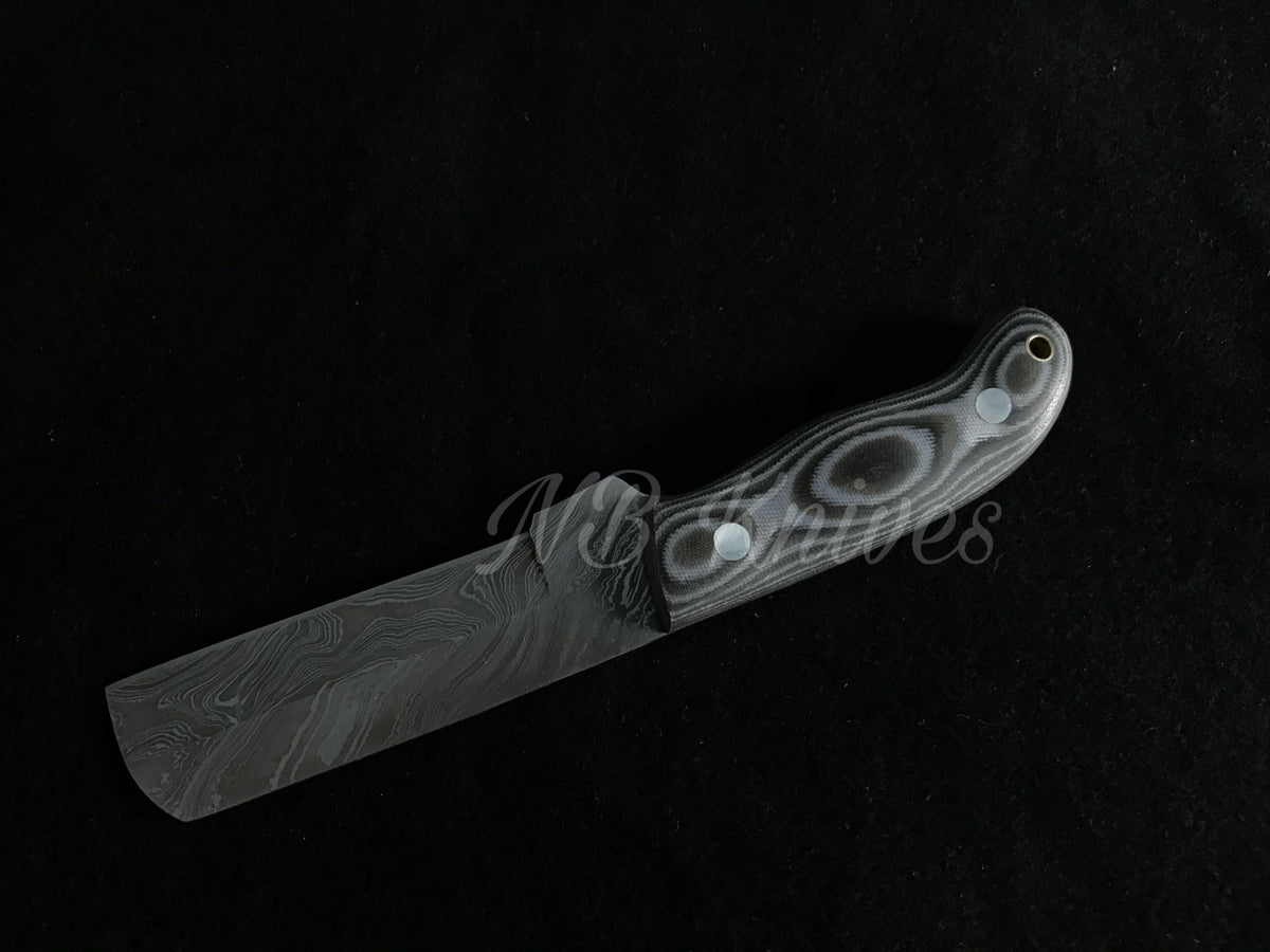 Custom Handmade Damascus Cowboy Knife – Micarta Handle with Cross Draw Leather Sheath