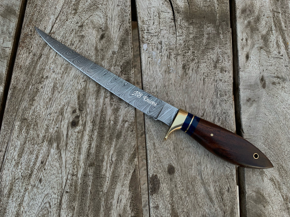 Damascus Steel Fillet Knife with Rosewood & Hardwood Handle