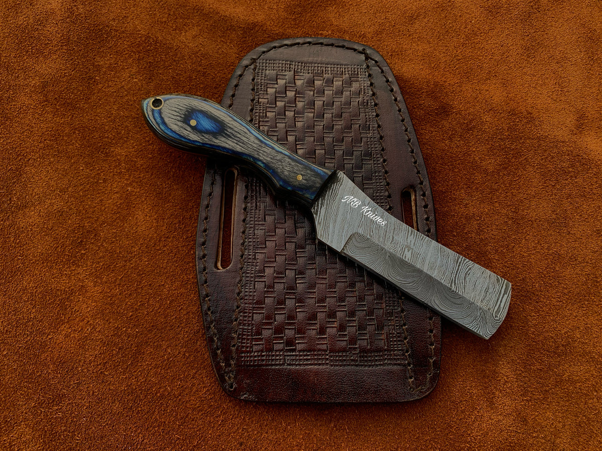 Blue & Grey Pakka Wood Damascus Cowboy Bull Cutter Knife with Sheath