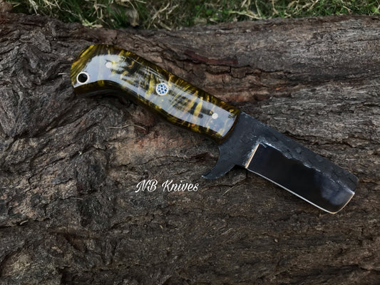 1095 Steel Cowboy Bull Cutter Knife with Resin Handle & Leather Sheath