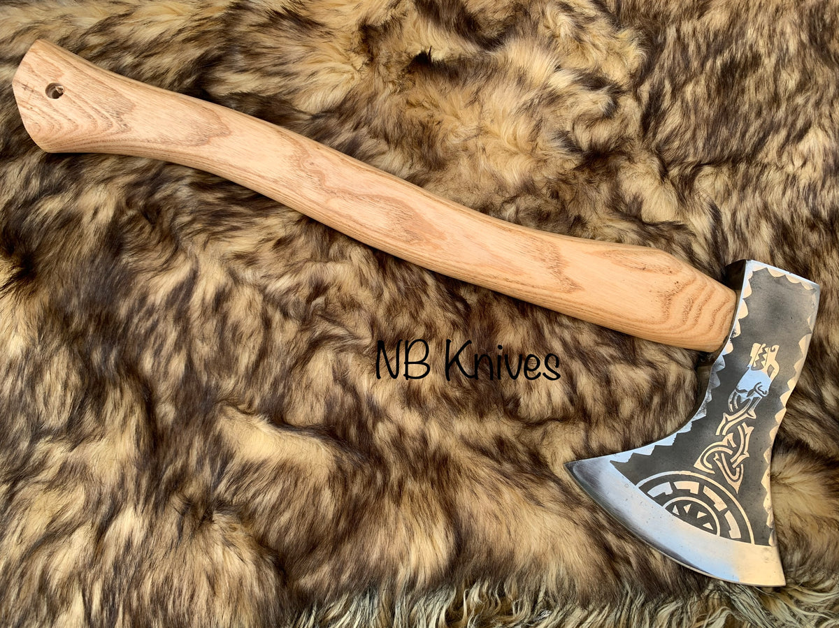 |NB KNIVES| Custom Gift Forged Carbon Steel Viking Axe with Rose Wood Shaft, Viking Bearded Camping Axe, Best Birthday&Anniversary Gift For Him,