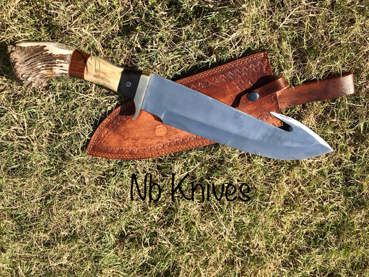 CUSTOM HANDMADE D2 STEEL STAG HORN HUNTING KNIFE WITH LEATHER SHEATH