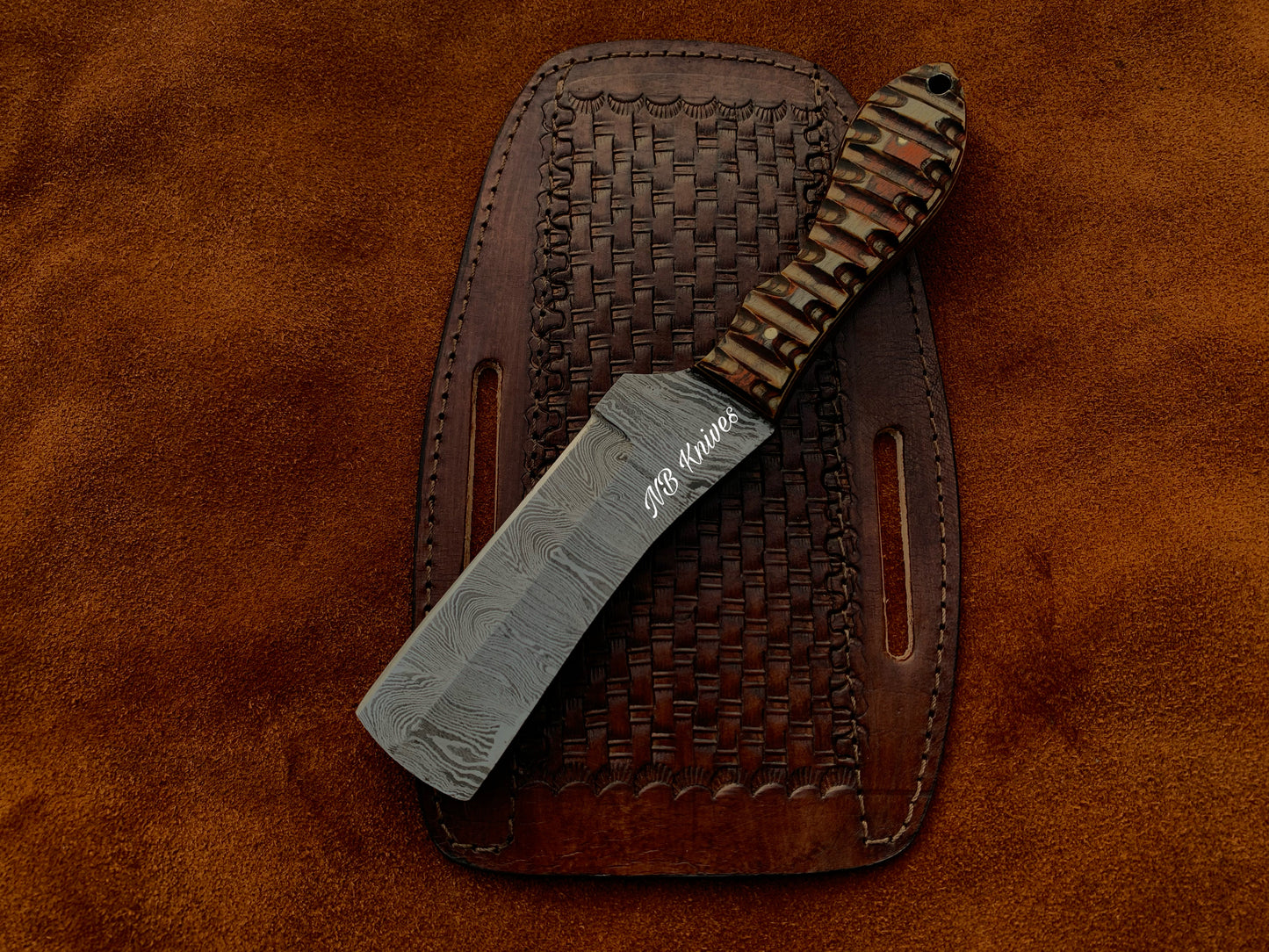 |NB KNIVES| CUSTOM HANDMADE DAMASCUS COWBOY BULL CUTTER KNIFE WITH LEATHER SHEATH