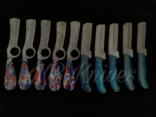 Set of 10 Damascus Cowboy Bull Cutter Knives with 5 Resin & 5 Pakka Wood Handles