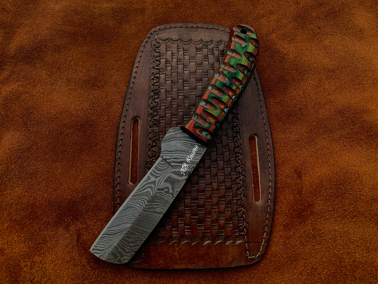|NB KNIVES| CUSTOM HANDMADE DAMASCUS COWBOY BULL CUTTER KNIFE WITH LEATHER SHEATH