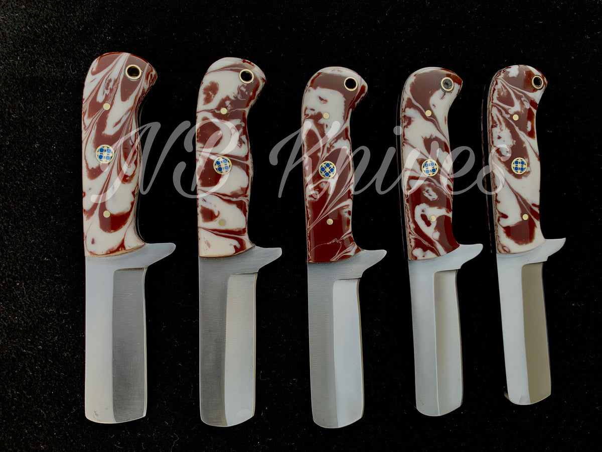 Set of 5 D2 Steel Cowboy Bull Cutter Knives with Resin Handles & Leather Sheaths