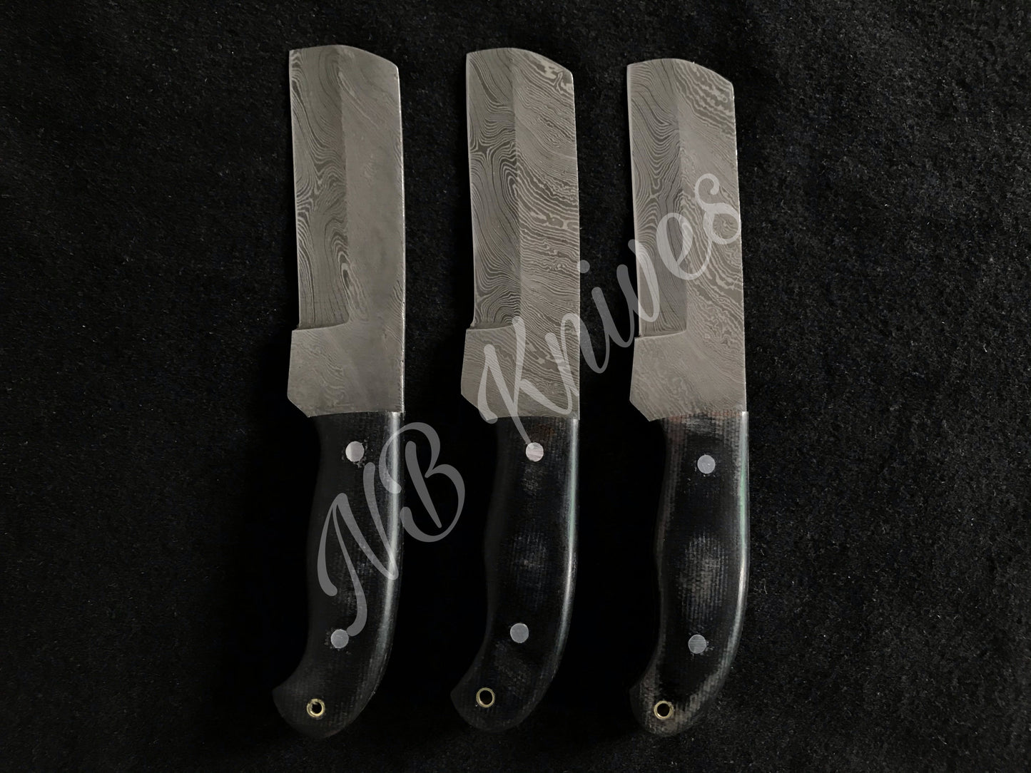 |NB KNIVES | LOT OF 3 CUSTOM HANDMADE DAMASCUS COWBOY BULL CUTTER KNIVES WITH LEATHER SHEATHS