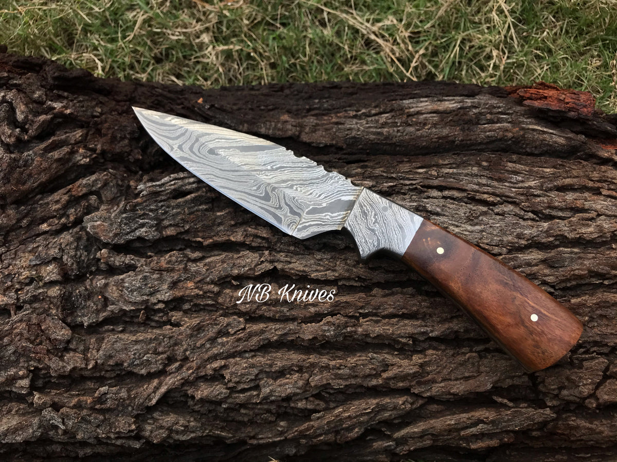 Walnut Handle Skinning Knife with Patterned Damascus Steel and Leather Sheath