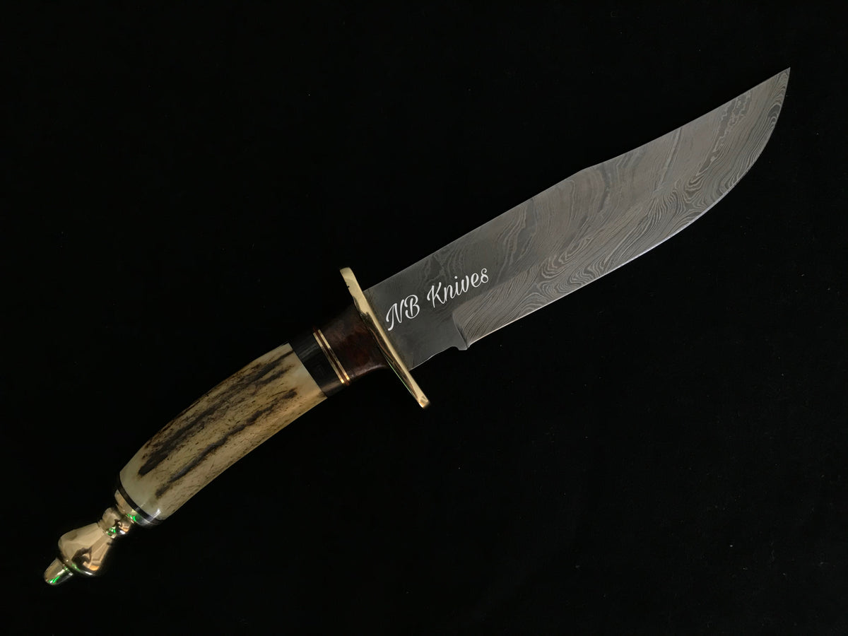 Handcrafted Damascus Hunting Knife with Stag Horn Handle & Brass Guard