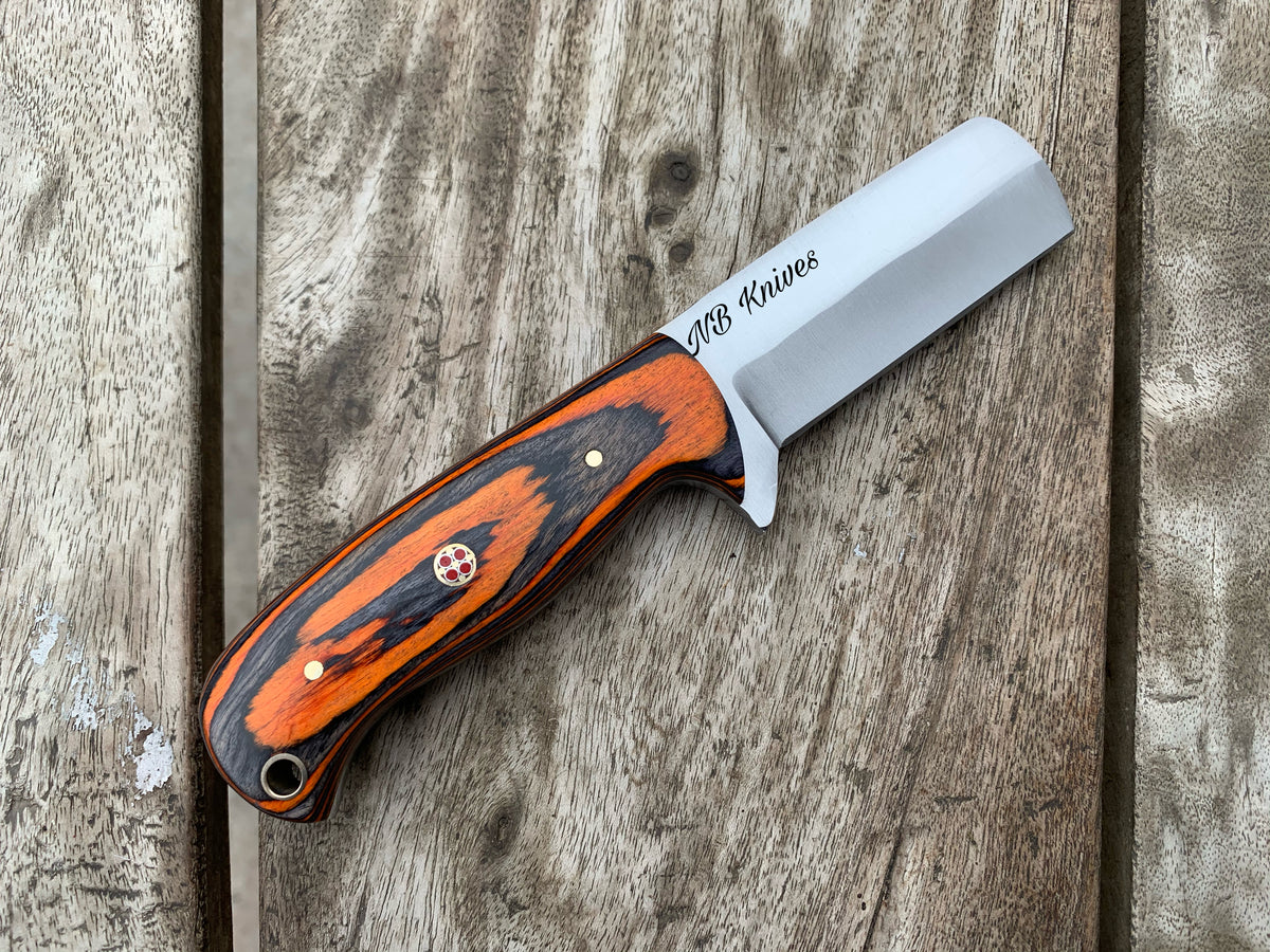 Hardwood Handle D2 Steel Bull Cutter Knife with Brass Pins & Sheath