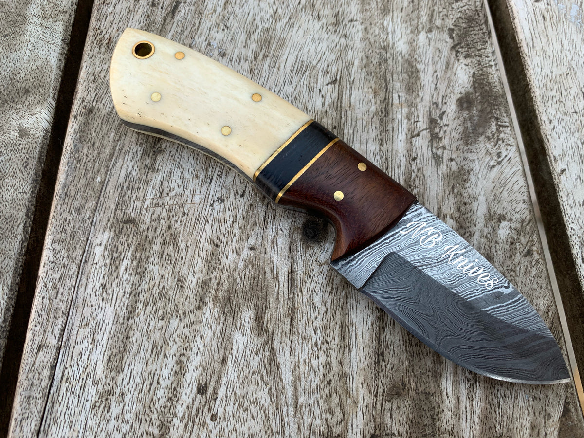 Damascus Skinner Knife – Rosewood & Camel Bone Handle with Brass Pins