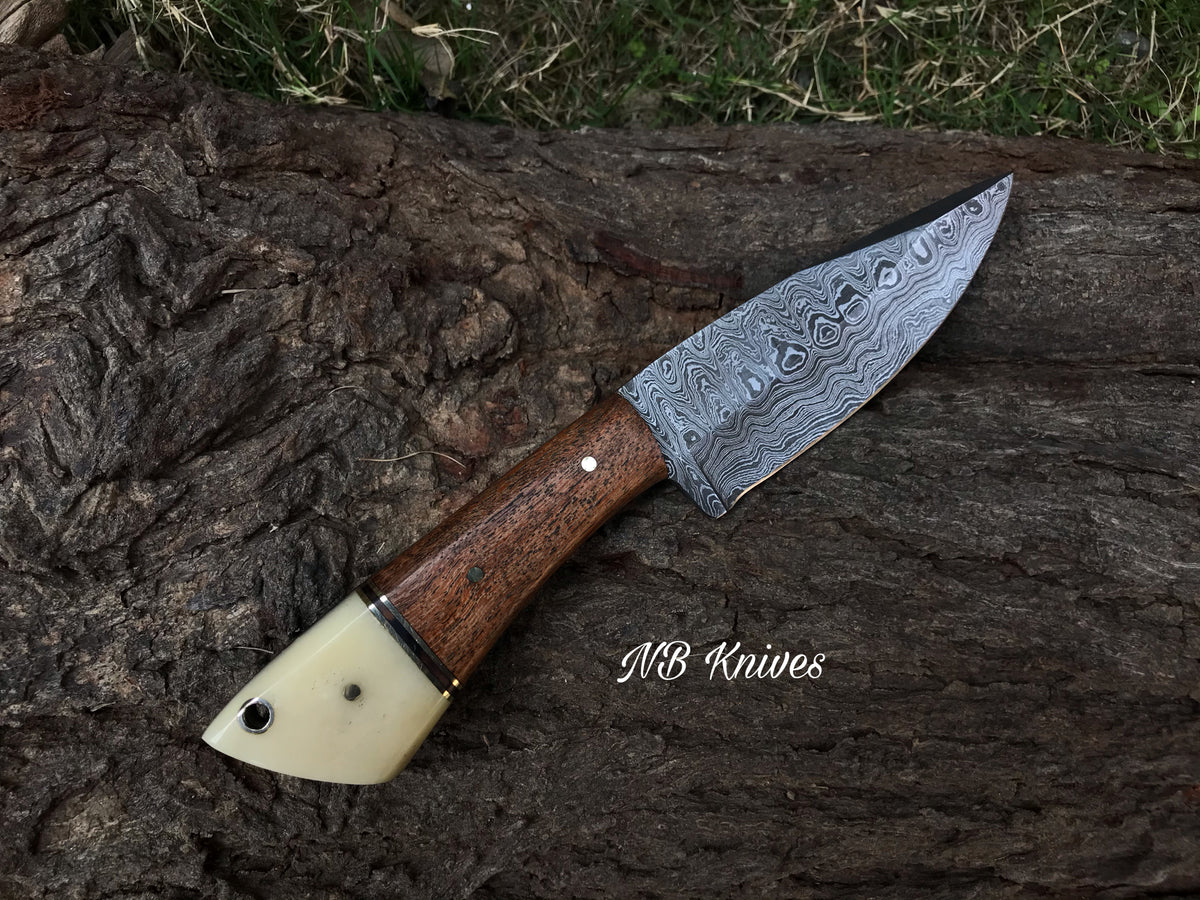 Skinner Knife Forged in Damascus, Finished in Camel Bone & Walnut Wood