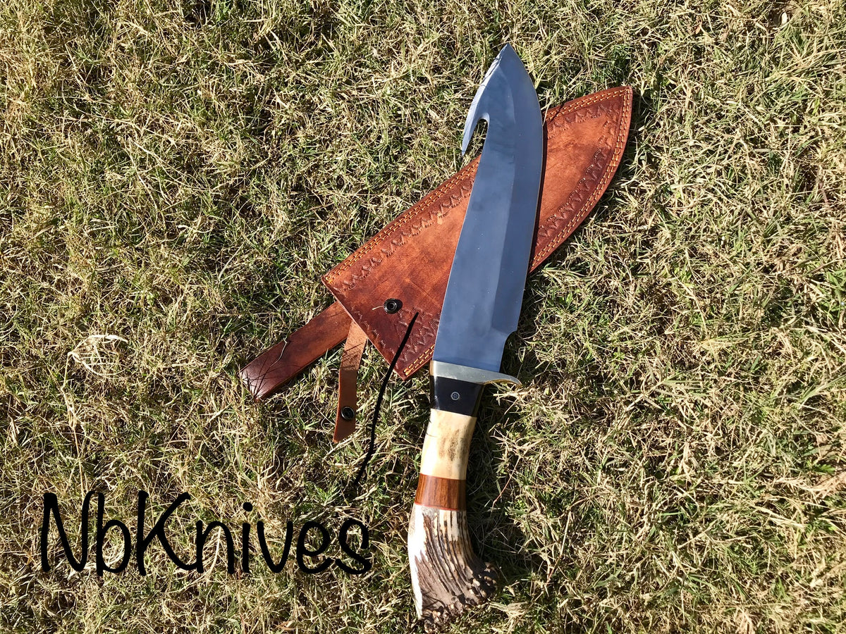 D2 Steel Hunting Knife with Stag Horn Handle, Rosewood Spacer & Brass Guard