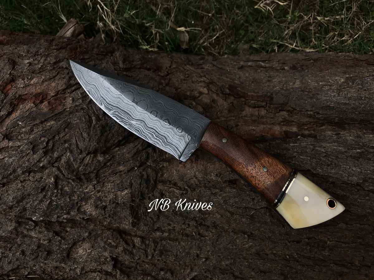 Skinner Knife Forged in Damascus, Finished in Camel Bone & Walnut Wood